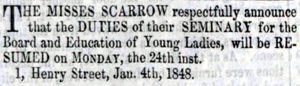 Misses Scarrow, School, Henry St Carlisle 1848